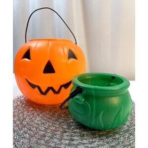 Jack-O-Lantern Halloween Trick or Treat Blow Mold Bucket w/Green Cauldron